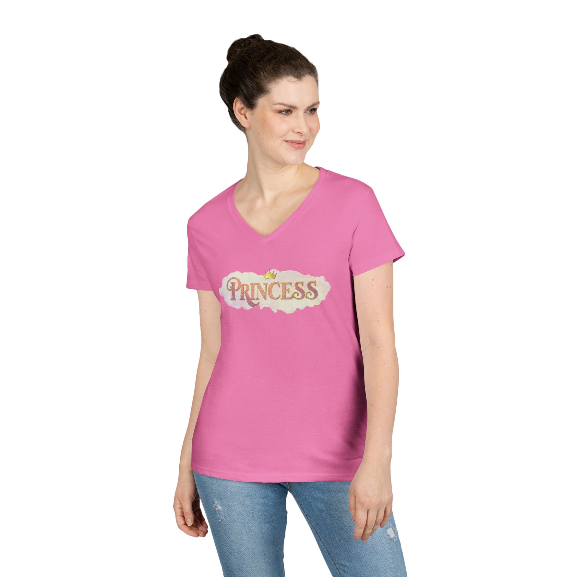 Pink princess v neck tee for women by LuckeLadybug worn by model with casual jeans
