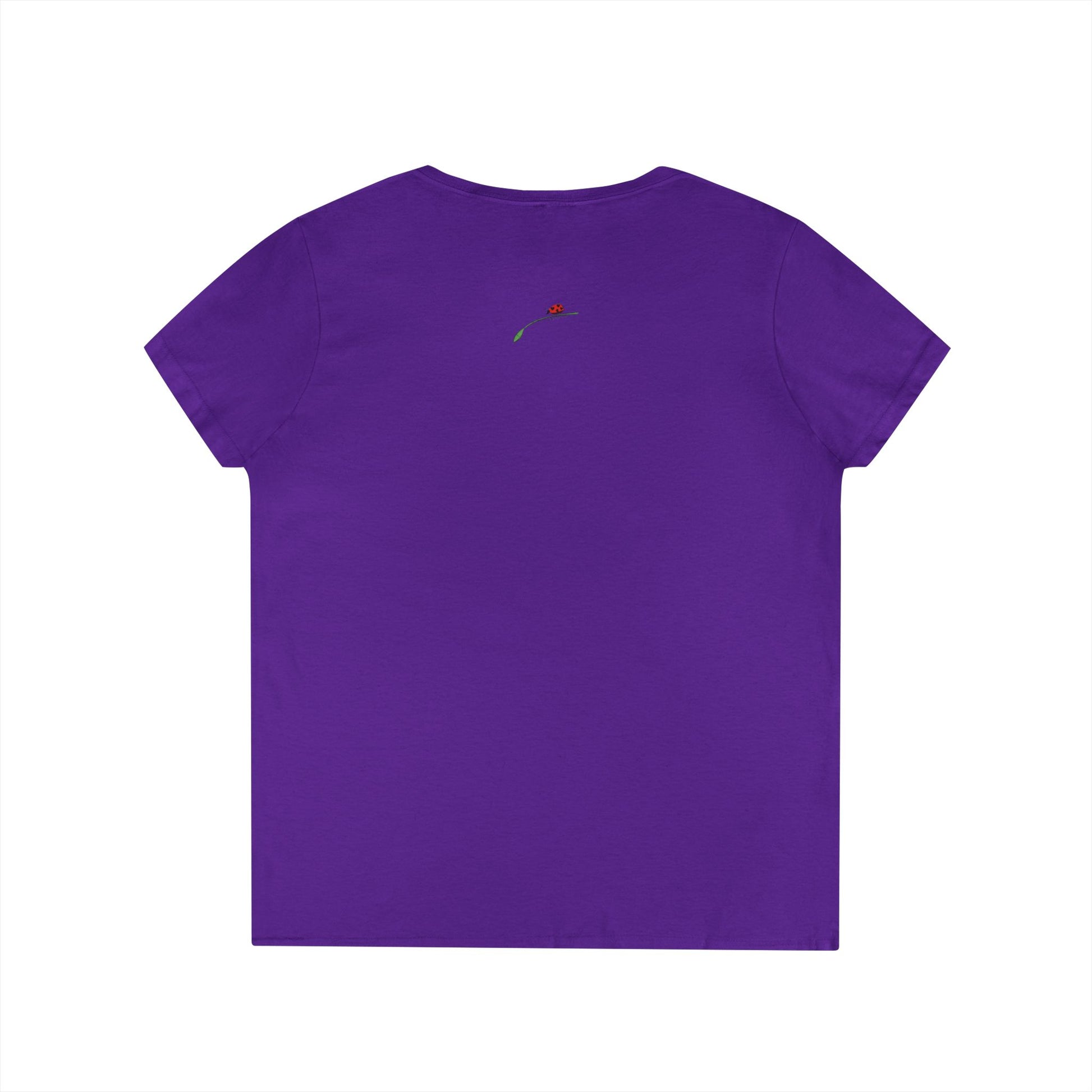 Purple princess v neck tee for women with short sleeves and small floral embroidery on back