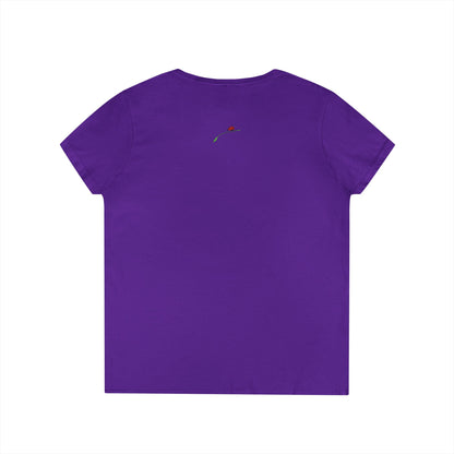 Purple princess v neck tee for women with short sleeves and small floral embroidery on back