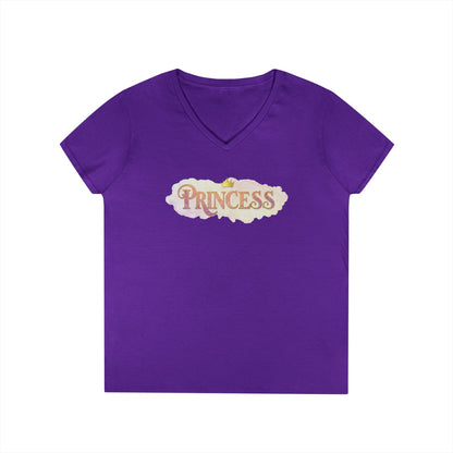 LuckeLadybug purple princess v neck tee for women with short sleeves and printed design