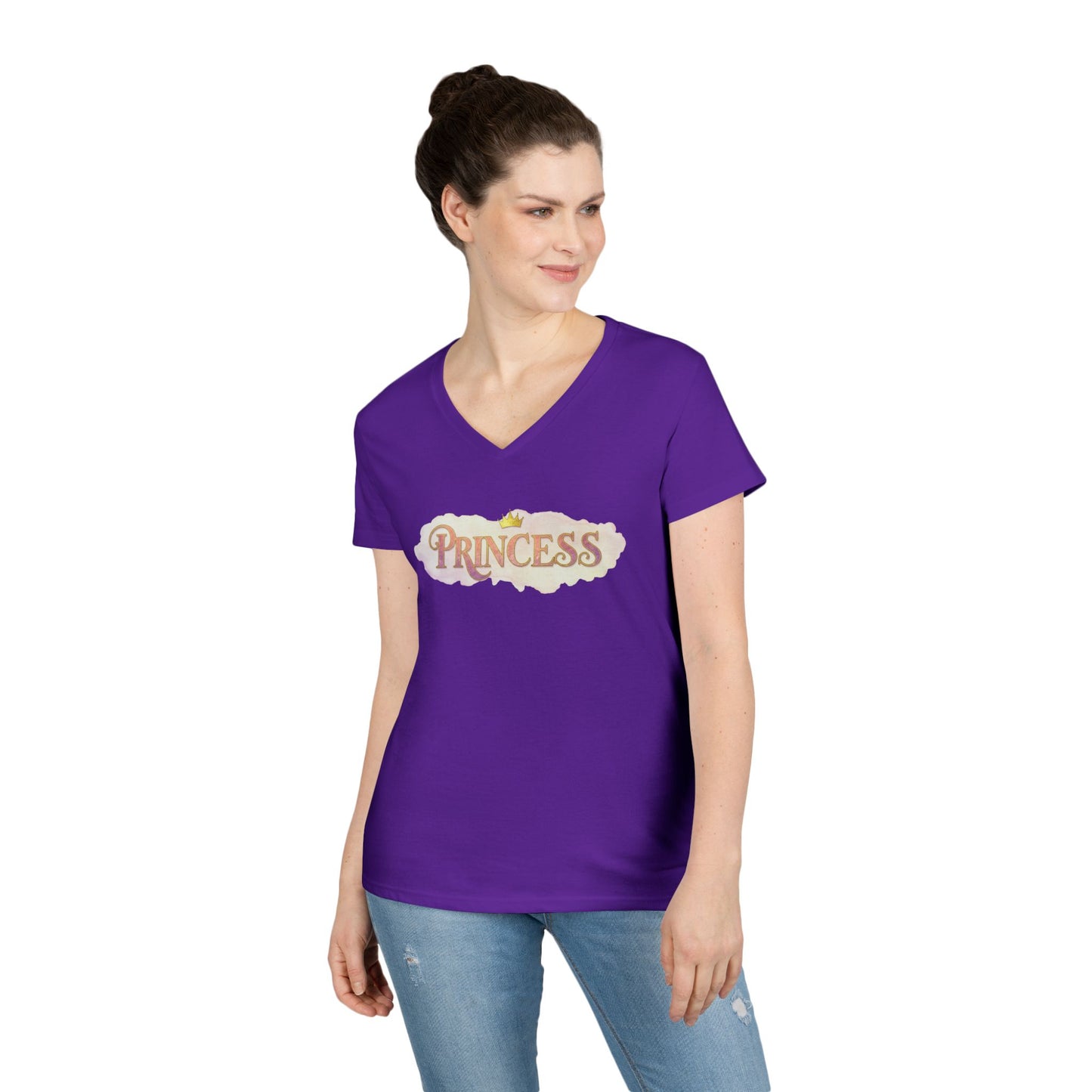 LuckeLadybug purple princess v neck tee for women with decorative text design worn by woman