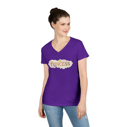 LuckeLadybug purple princess v neck tee for women with decorative text design worn by woman