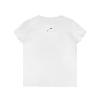 LuckeLadybug white princess v neck tee for women with small ladybug design on back