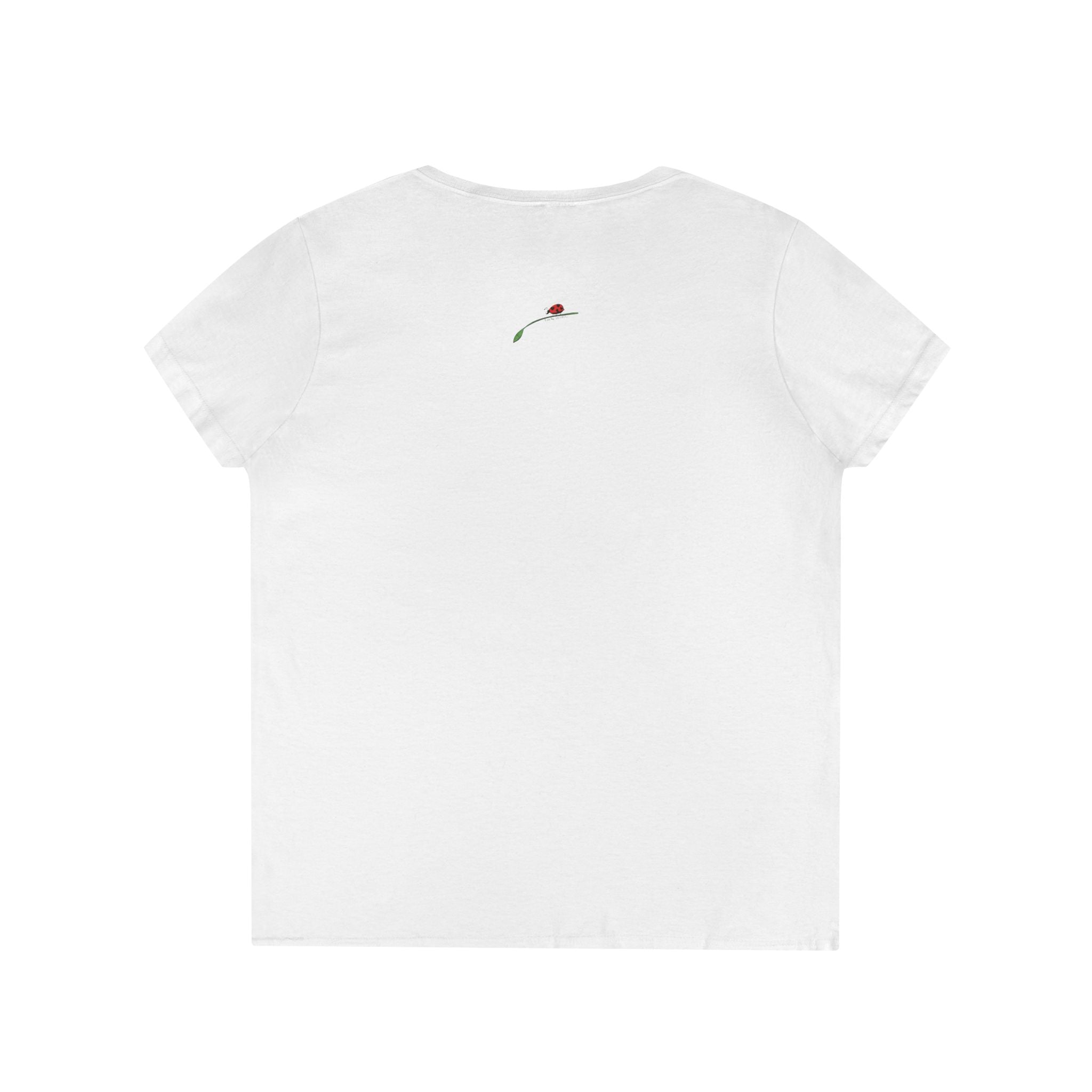 LuckeLadybug white princess v neck tee for women with small ladybug design on back
