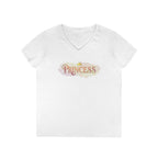 White princess v neck tee for women with colorful princess text and crown graphic