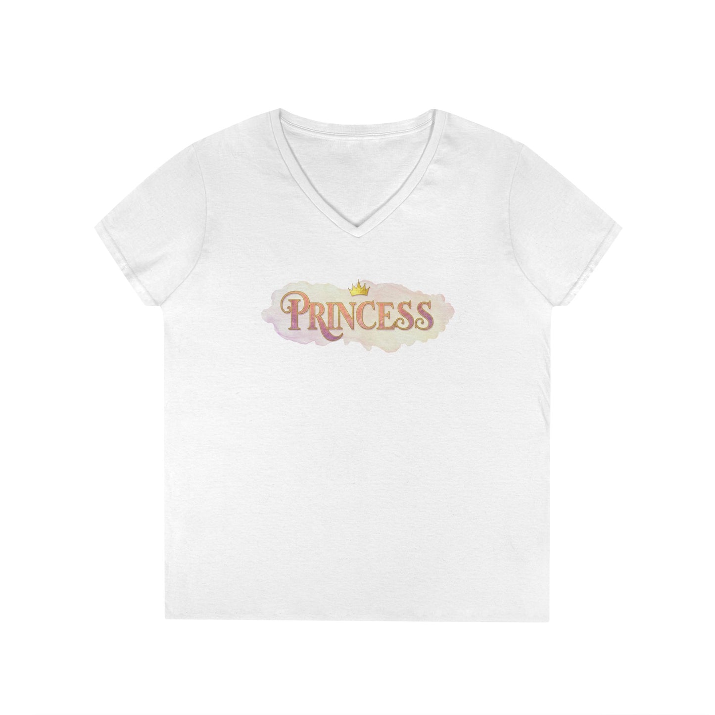 White princess v neck tee for women with colorful princess text and crown graphic