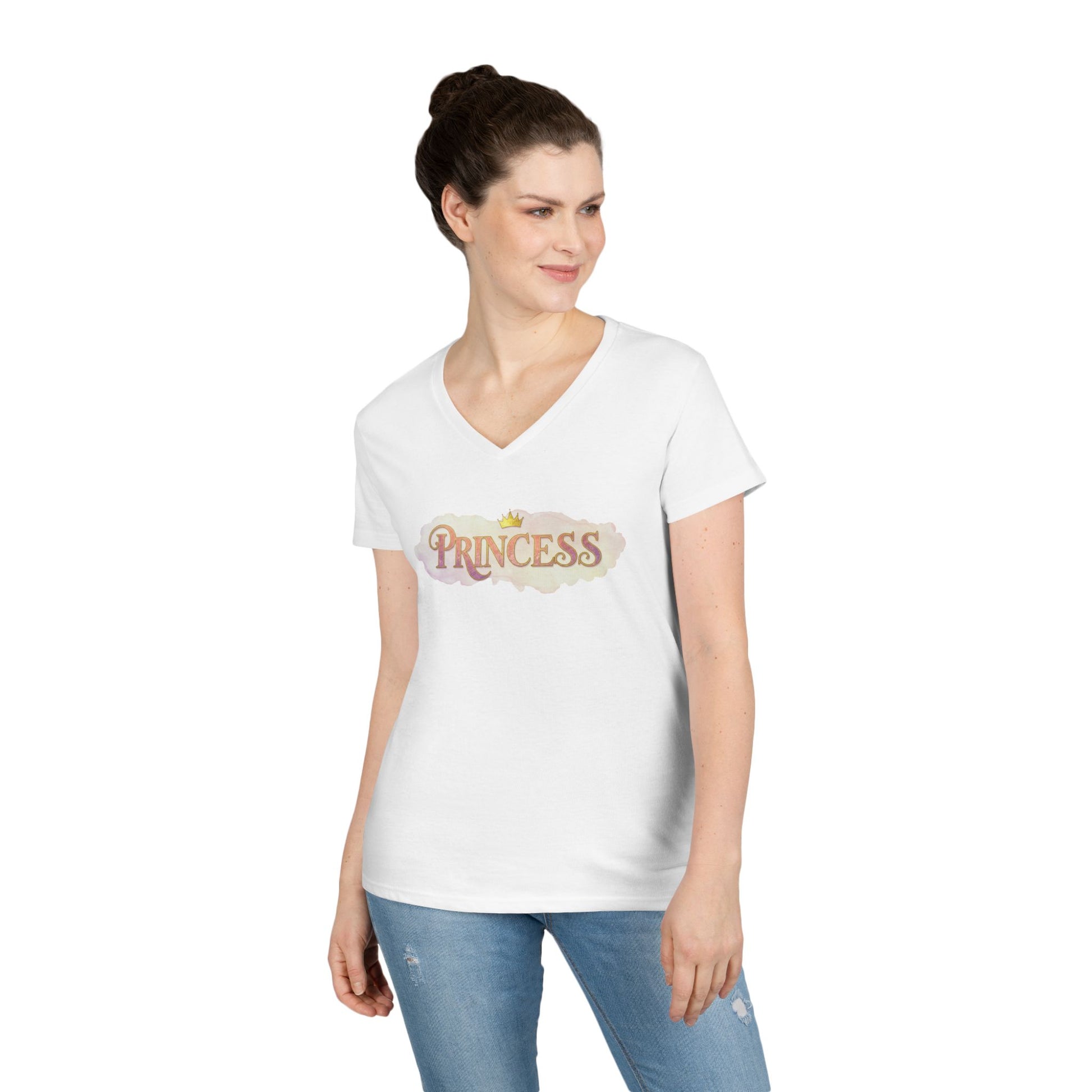 LuckeLadybug princess v neck tee for women in white with short sleeves and crown graphic
