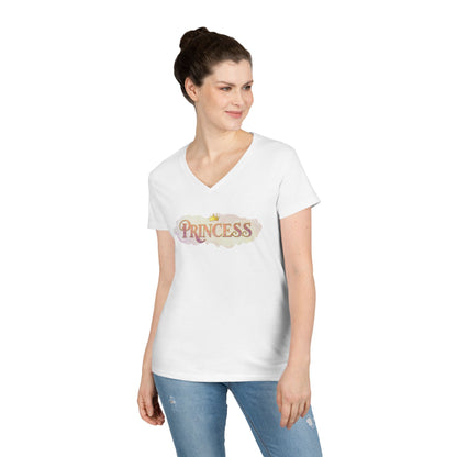 LuckeLadybug princess v neck tee for women in white with short sleeves and crown graphic