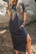LuckeLadybug LLC T-Shirt in Gray with Print Leopard Bow Design and Side Slit