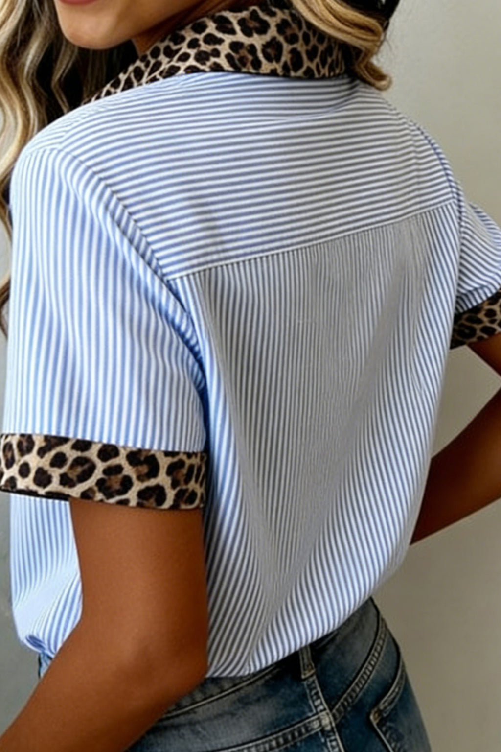 LuckeLadybug LLC Short Sleeve Blouse with Print Leopard Collar and Striped Design