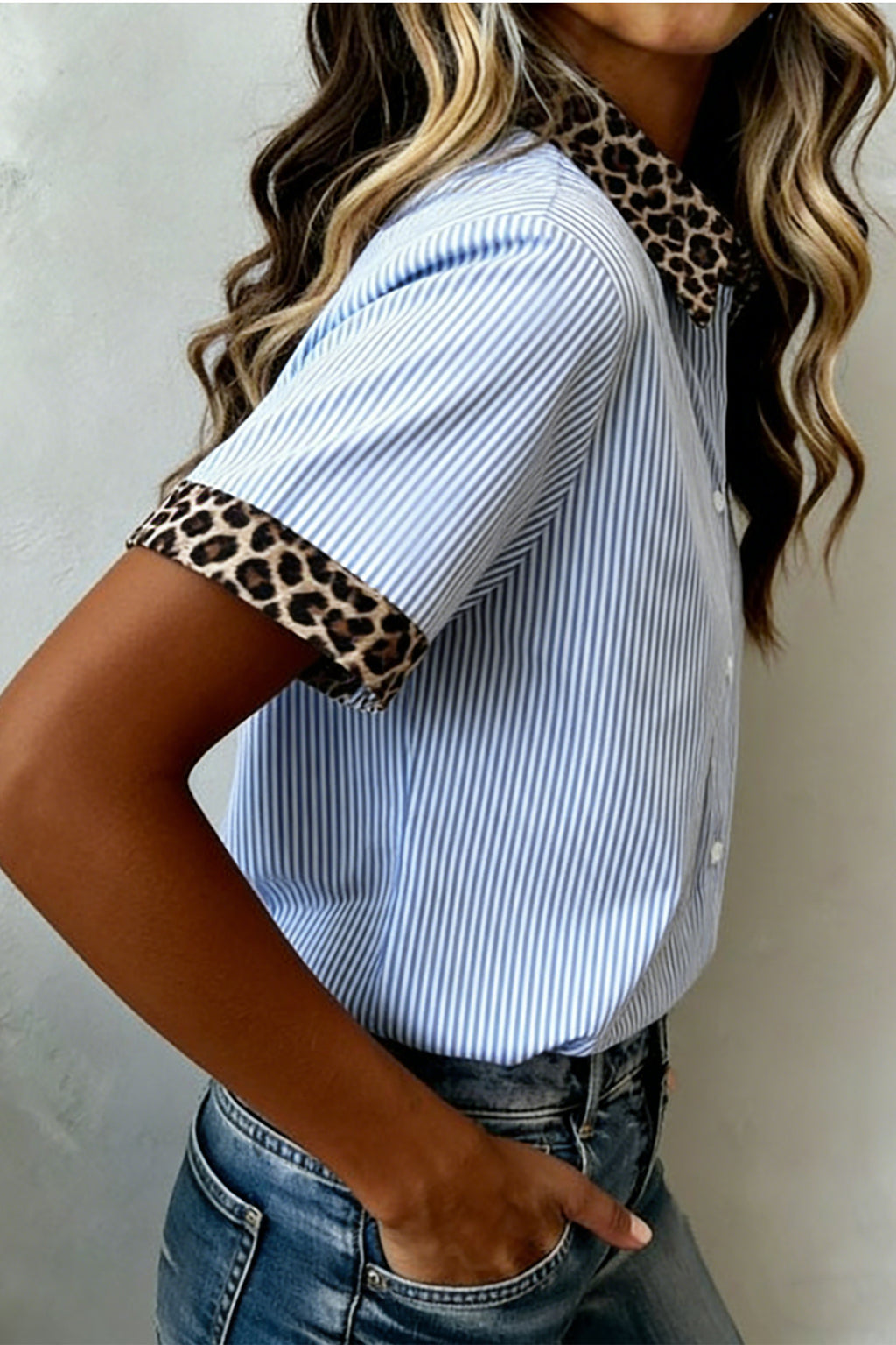 LuckeLadybug LLC Short Sleeve Blouse with Blue and White Stripes and Print Leopard Trim