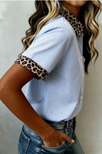 LuckeLadybug LLC Short Sleeve Blouse with Blue and White Stripes and Print Leopard Trim