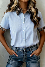 LuckeLadybug LLC Blue Striped Blouse with Print Leopard Collar and Cuffs for Stylish Casual Wear
