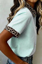 LuckeLadybug LLC mint striped blouse with print leopard cuffs and collar for a stylish look