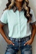 LuckeLadybug LLC Mint Striped Blouse with Print Leopard Sleeves and Collar for Stylish Looks