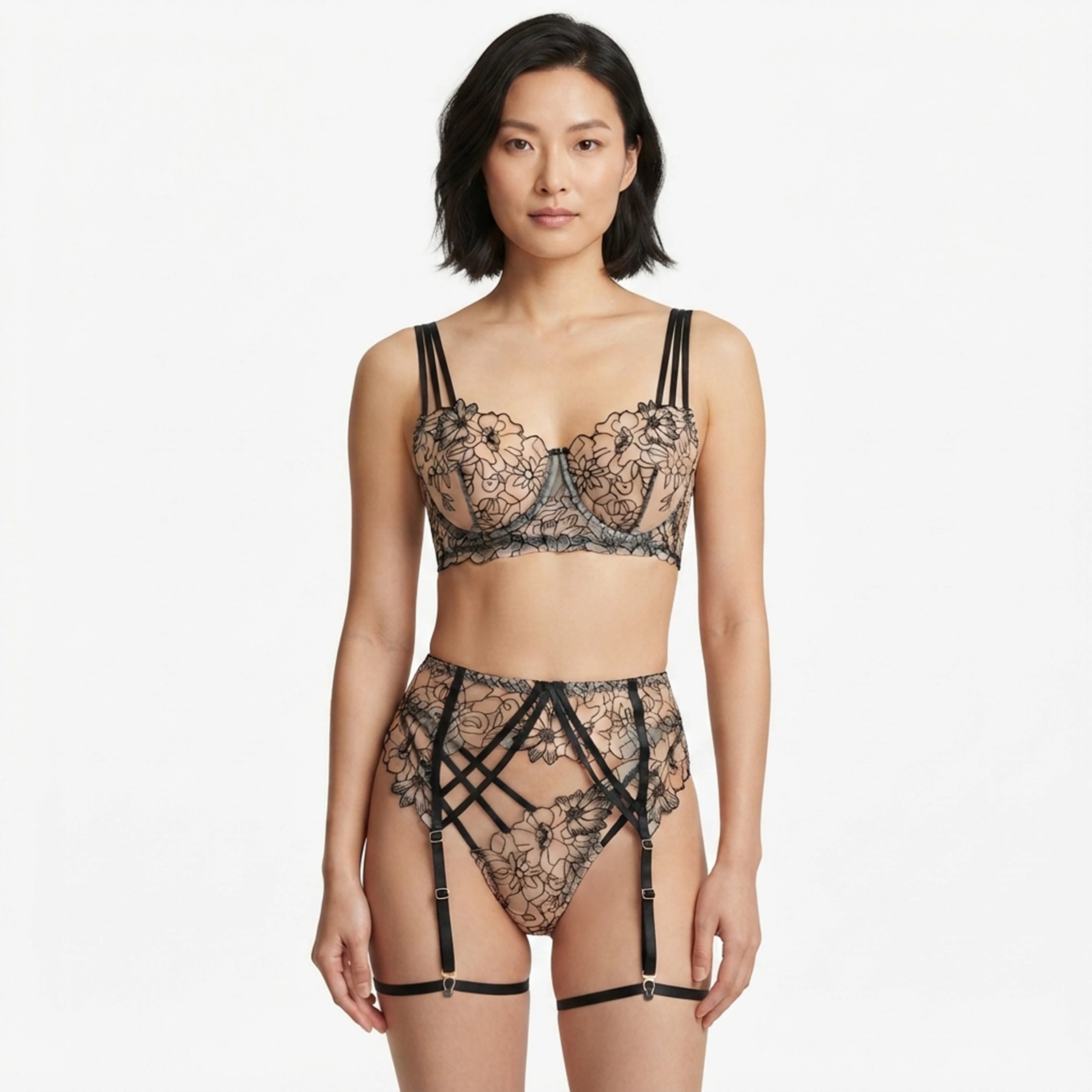 Ellolace Women's Floral Lace Embroidery Lingerie Set