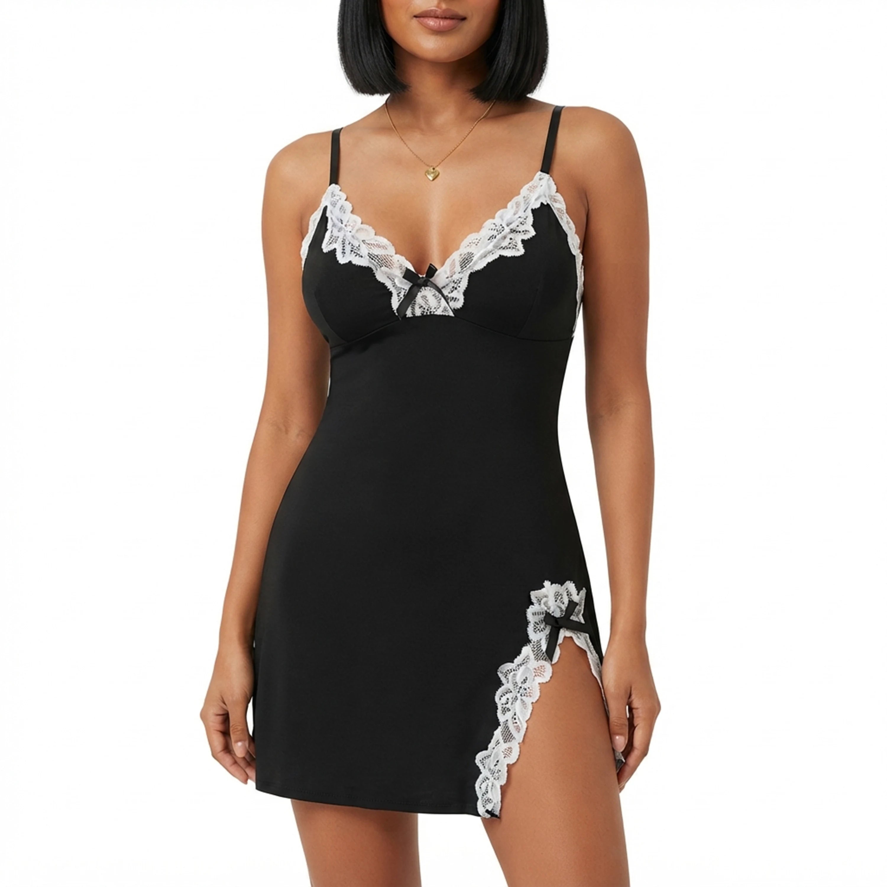 Lace Trim V - Neck Chemise Nightgown with Side Split