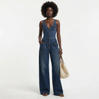 Womens Denim Jumpsuit V Neck Wide Leg Romper with Pockets