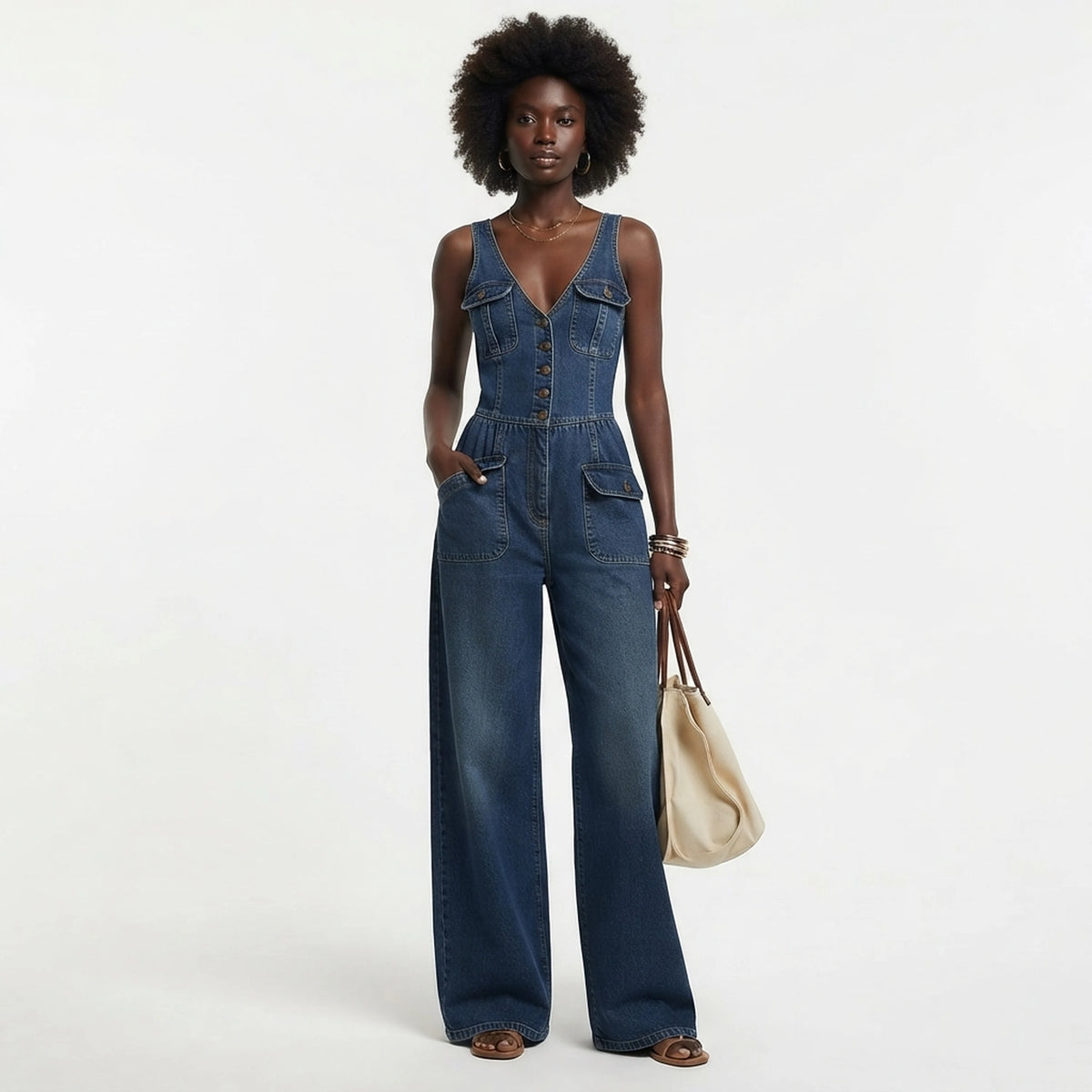 Womens Denim Jumpsuit V Neck Wide Leg Romper with Pockets