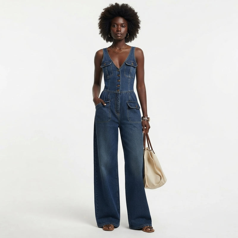 Womens Denim Jumpsuit V Neck Wide Leg Romper with Pockets