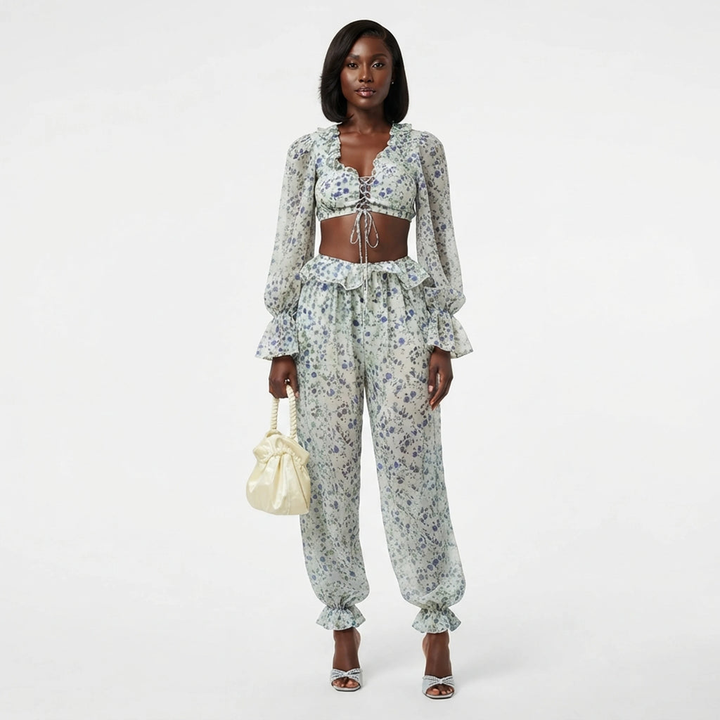 Beige Ruffled Trousers Set Casual Two - Piece Outfit