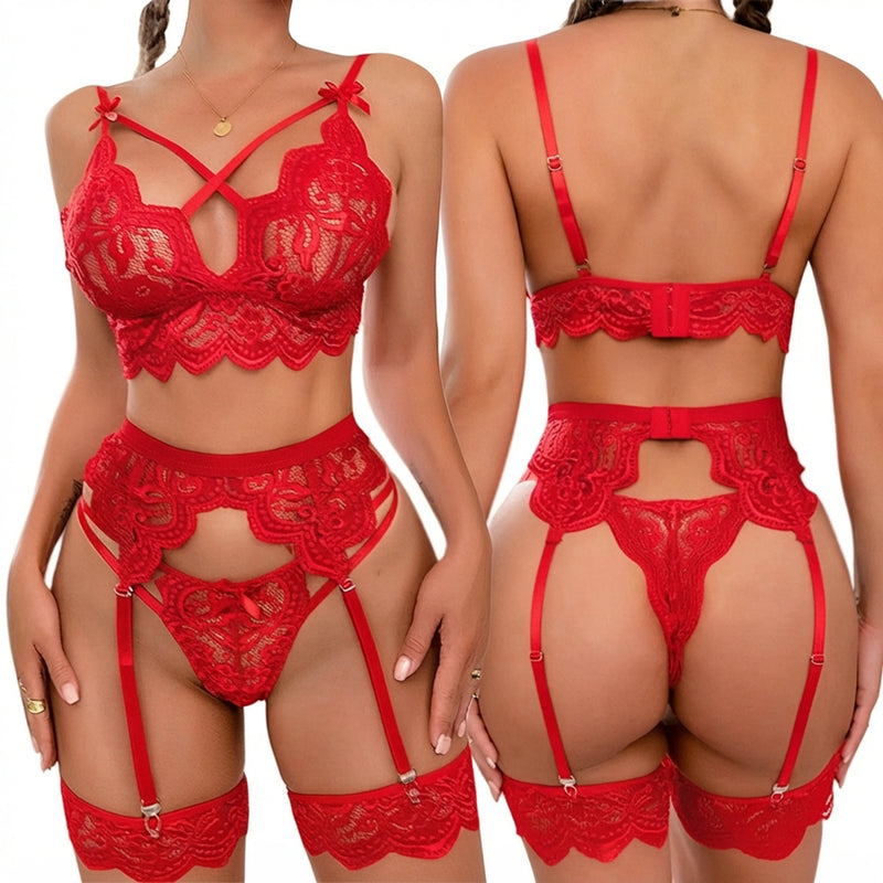 Floral Lace See - Through Lingerie Set with Garters