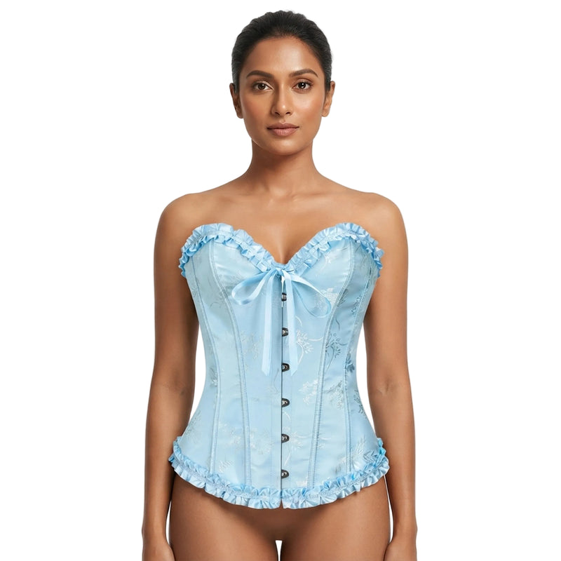 Womens Blue Floral Jacquard Ruffle Overbust Corset