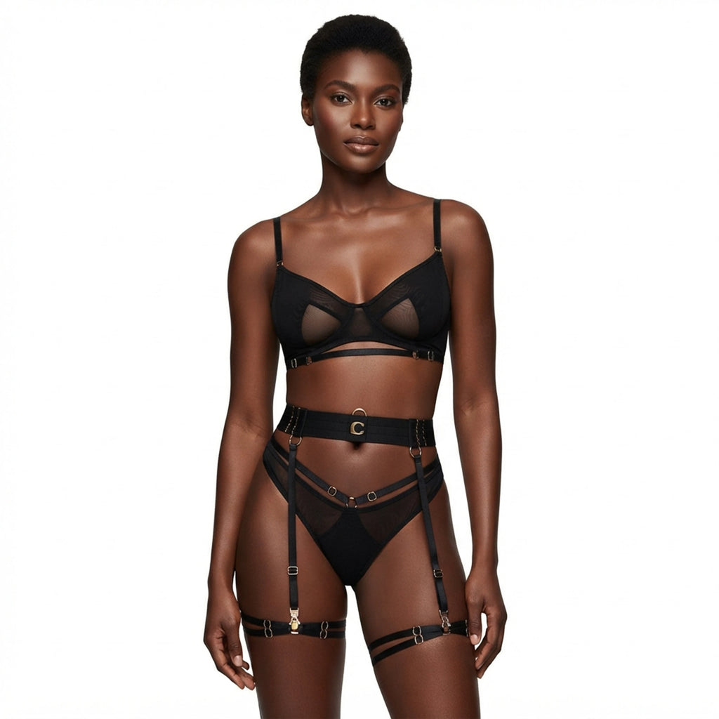 Women's 4 - Piece Lingerie Set with Garter Belt, Matching Bra and Panty