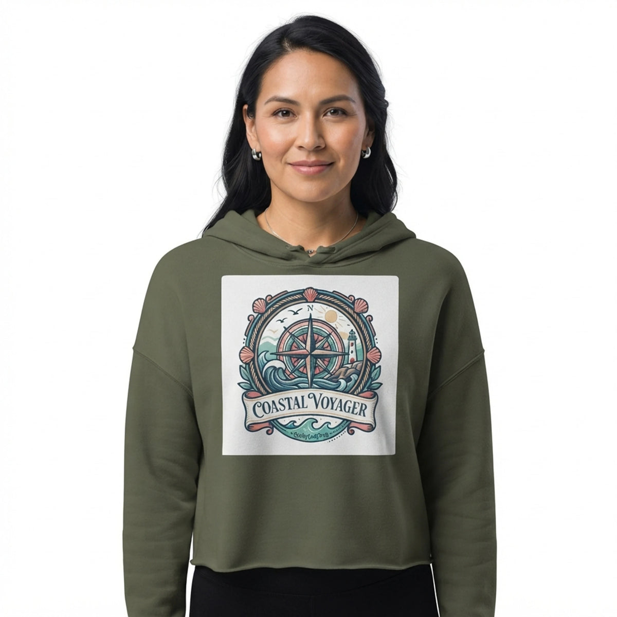 Coastal Voyager Nautical Compass Womens Crop Hoodie