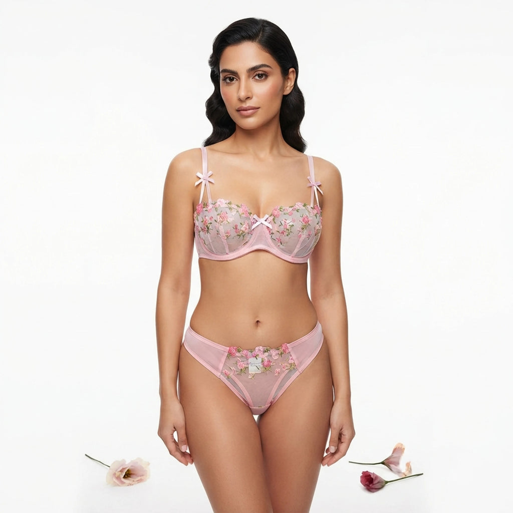 Womens Transparent Lace Embroidery Floral Bra and Panty Set