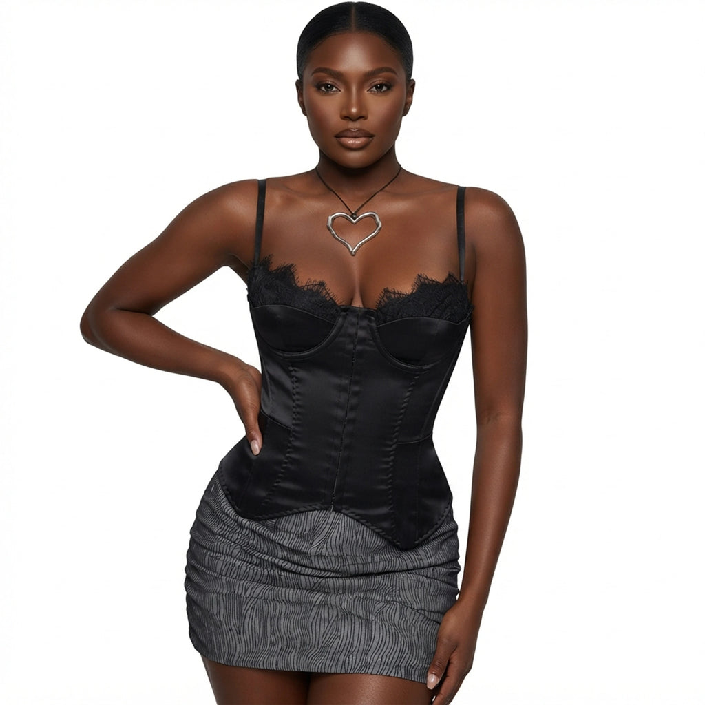 Black Lace Up Corset Crop Top for Women