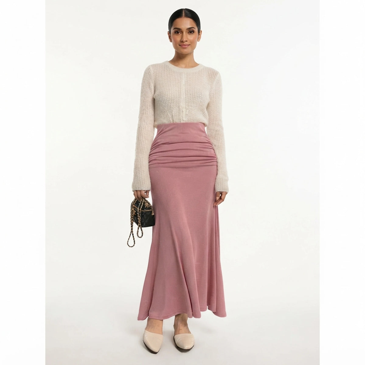 Womens High Waisted Shirring Satin Midi Skirt