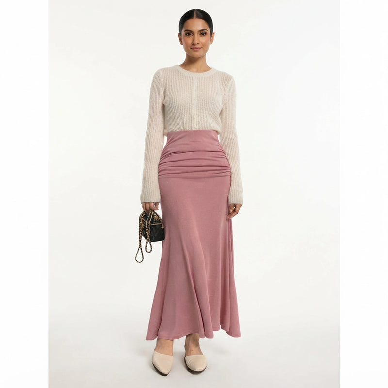 Womens High Waisted Shirring Satin Midi Skirt