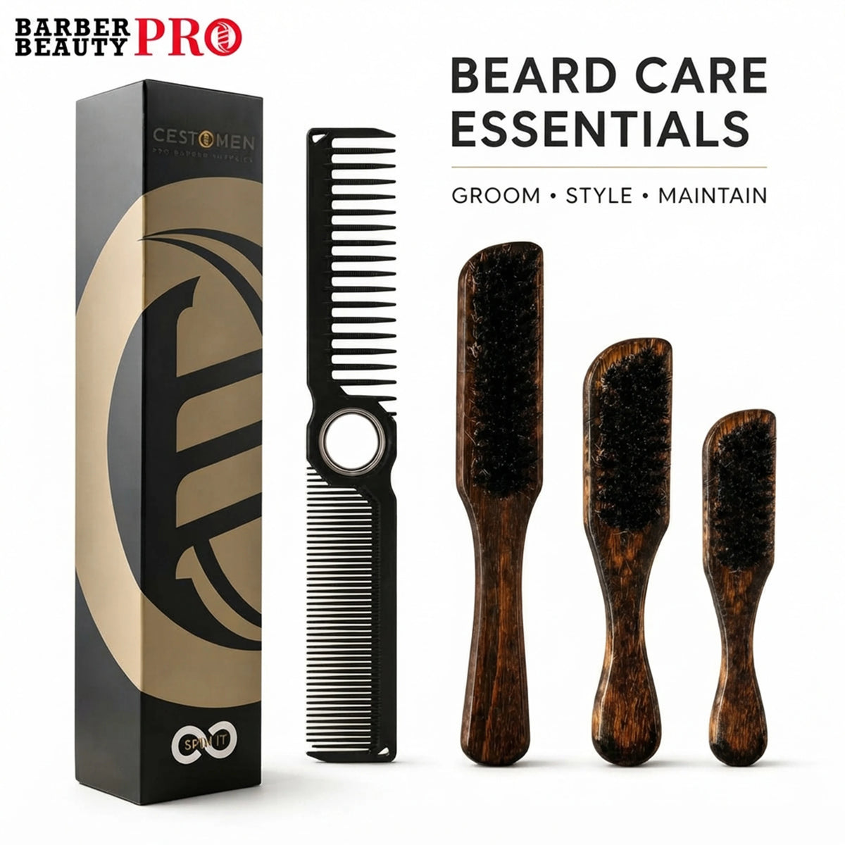 2 - Piece Professional Wood Beard Brush and Spinning Double - Sided Barber