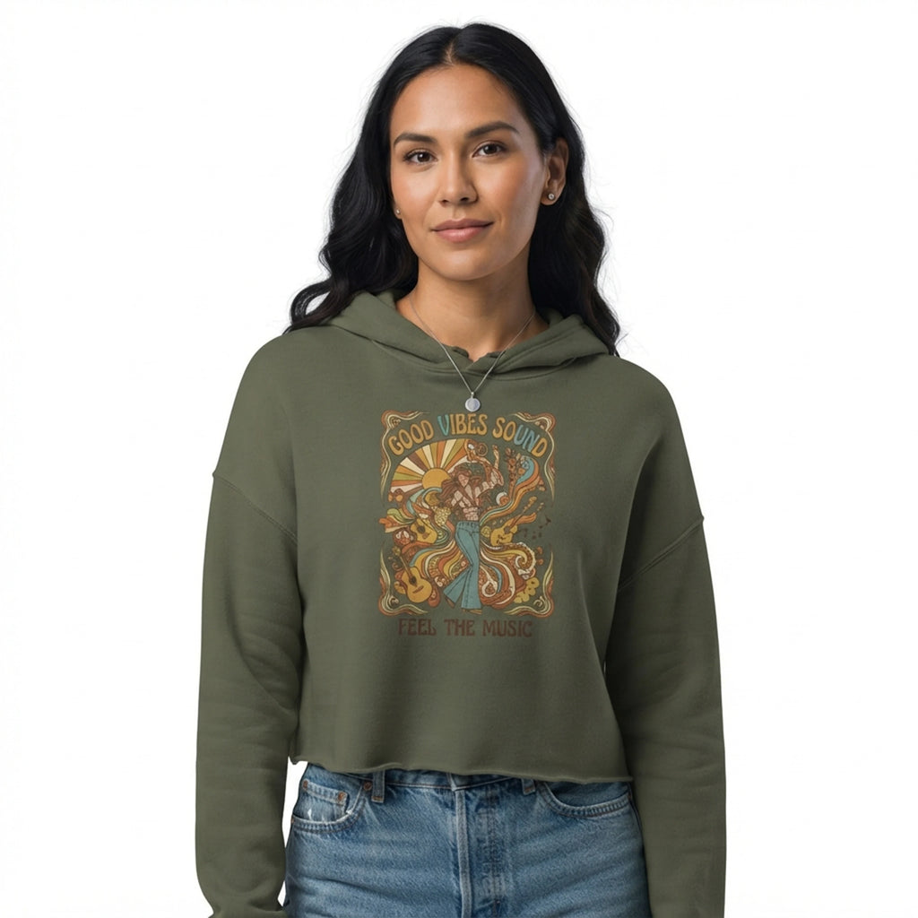 1970s Retro Music Cropped Hoodie - GOOD VIBES SOUND FEEL THE