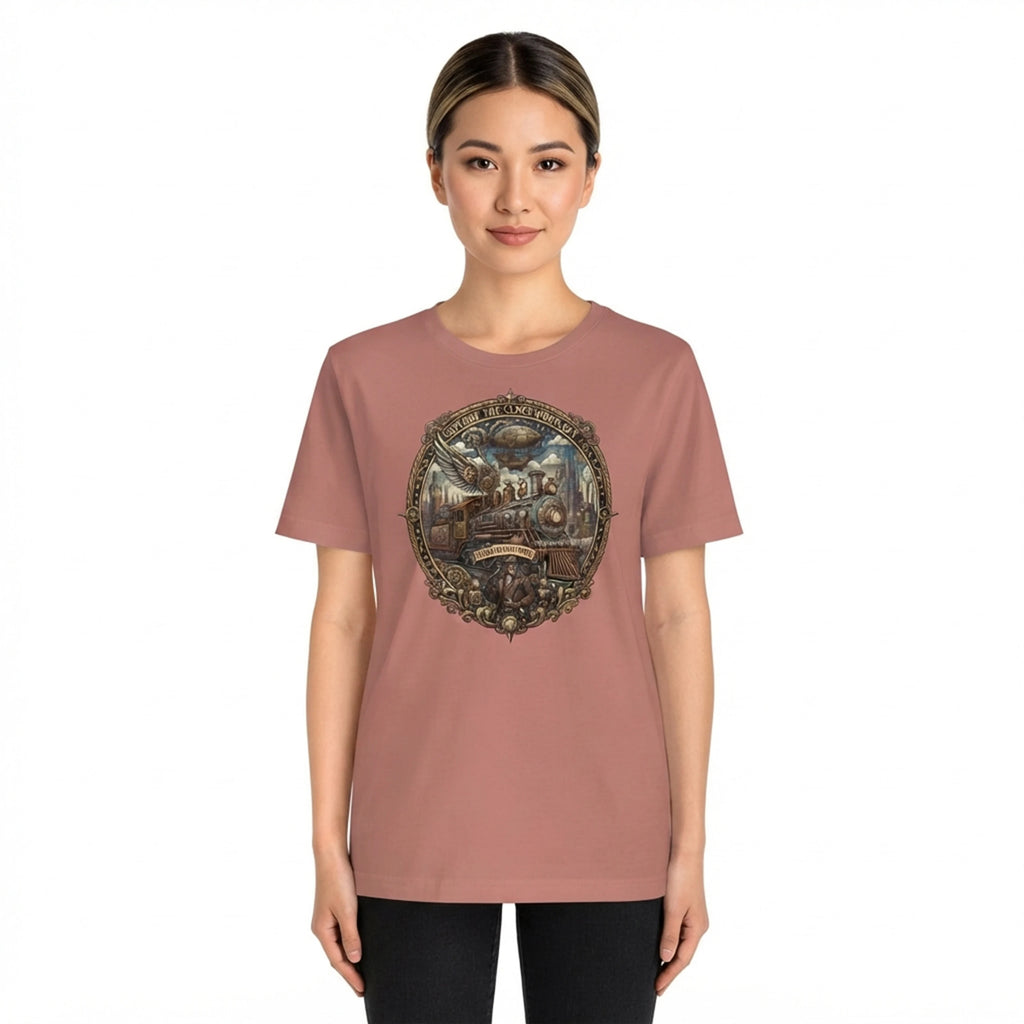 Steampunk Train And Airship Graphic T-Shirt - EXPLORE THE CLOCKWORK