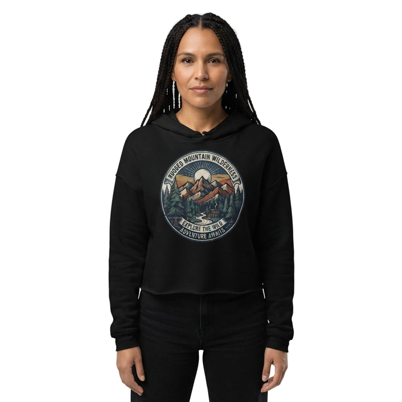 Rugged Mountain Wilderness Adventure Awaits Cropped Hoodie - EXPLORE