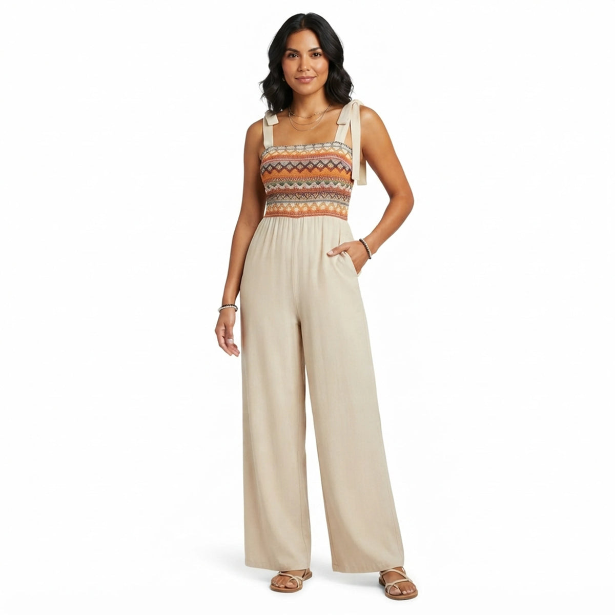 Striped Patchwork Shoulder Lace Up High Waist Wide Leg Jumpsuit