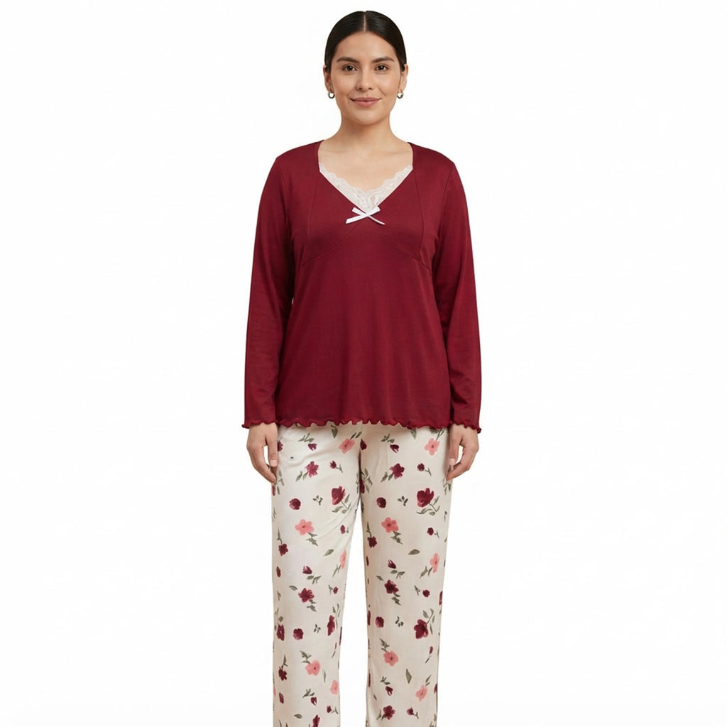Elegant Floral Long - Sleeved Pajama Set with Loose Trousers