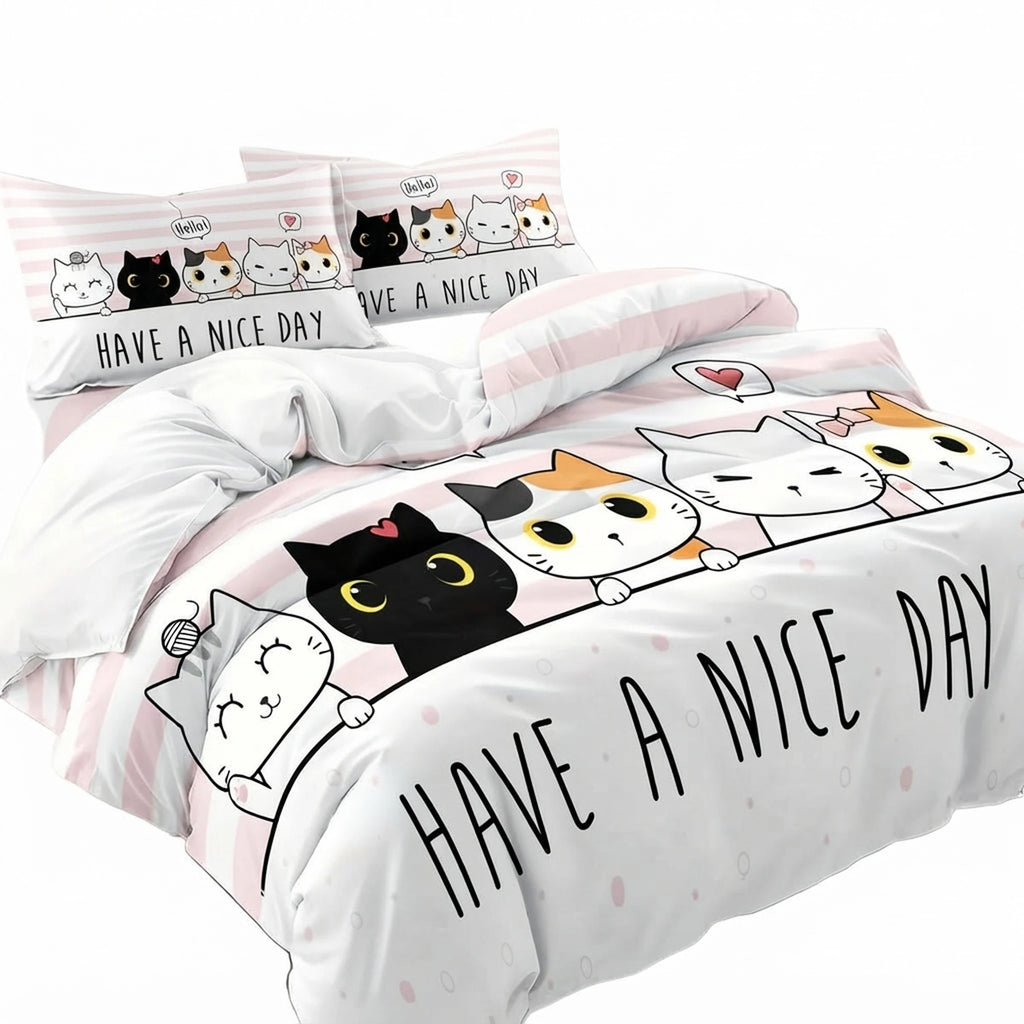Cute Cartoon Cat Ultra - Soft Duvet Cover and Pillowcase Bedding Set