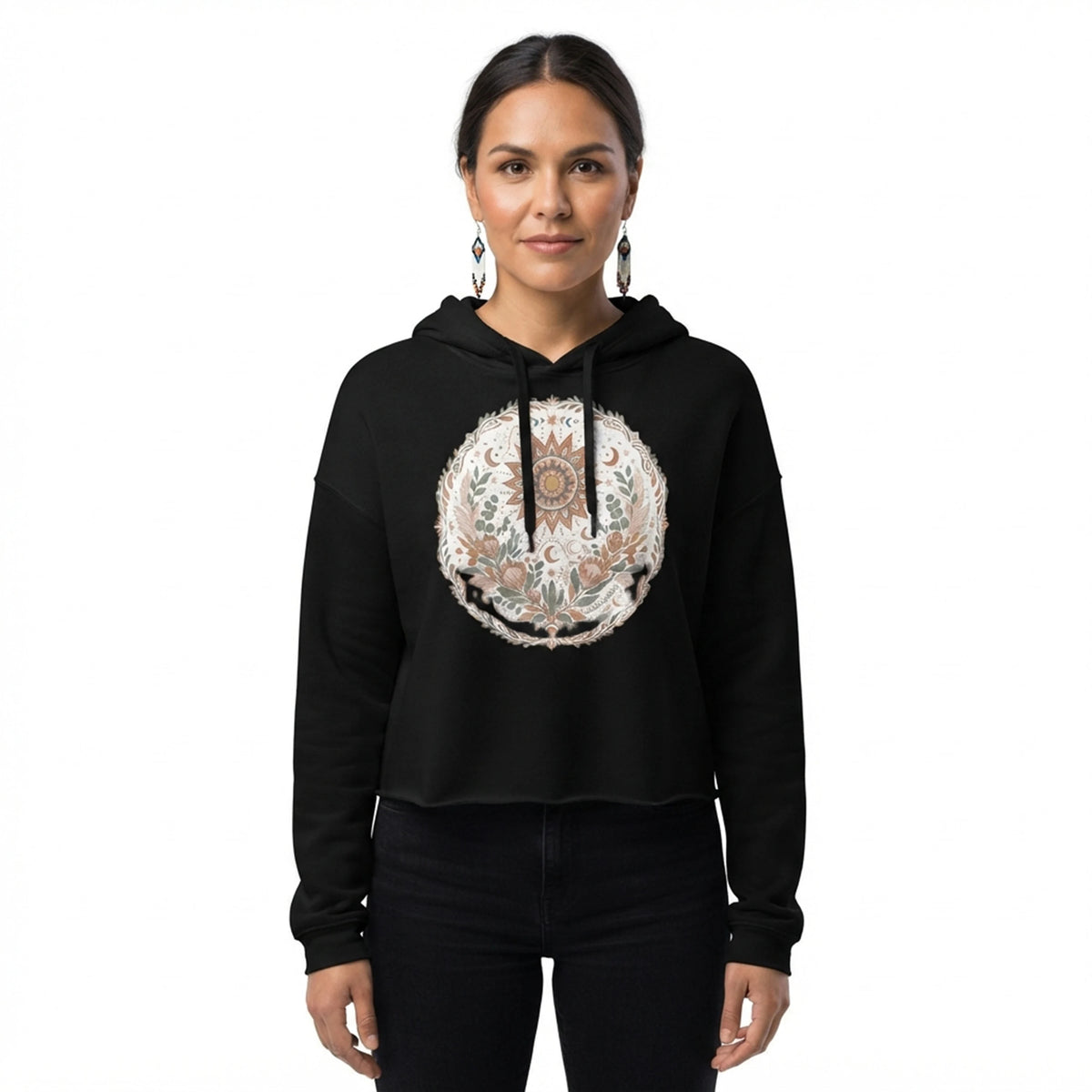 Bohemian Celestial Sun Floral Mandala Crop Hoodie