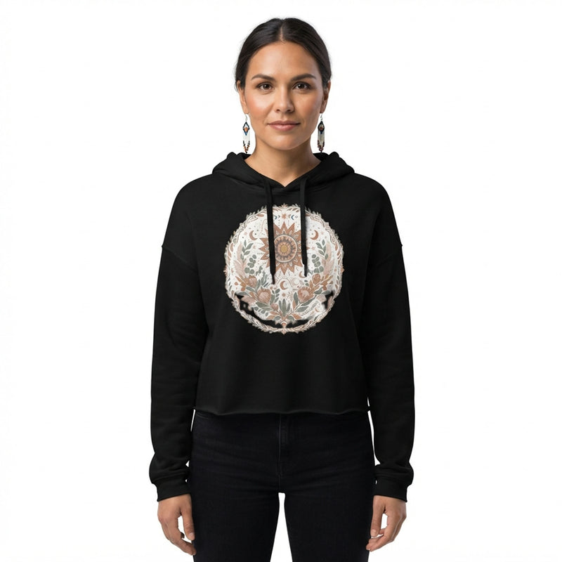 Bohemian Celestial Sun Floral Mandala Crop Hoodie