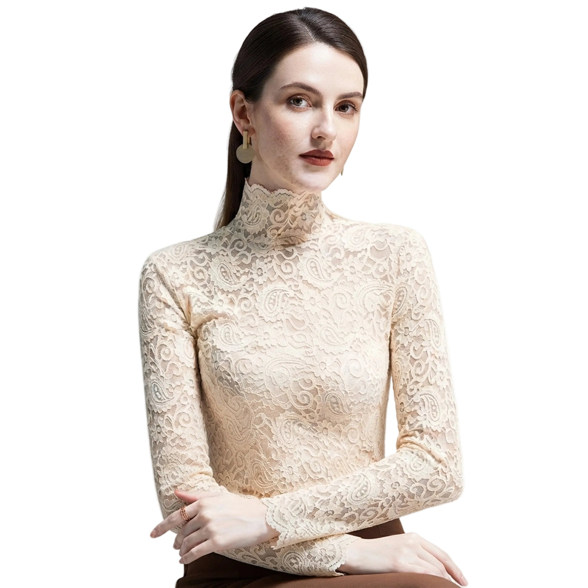 Womens High Neck Lace Long Sleeve Fleece Top