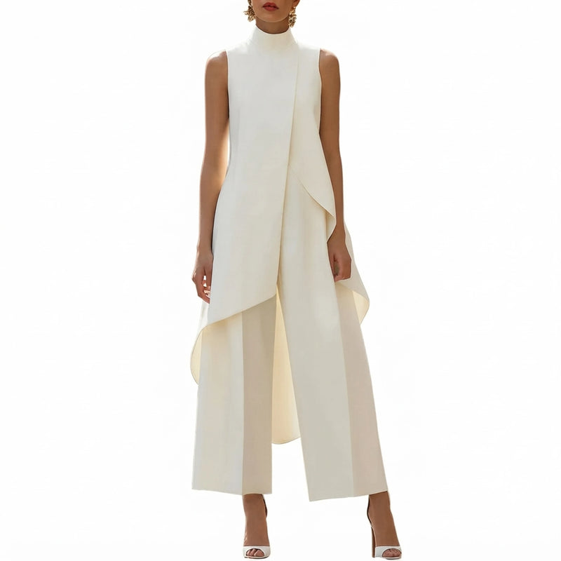 Womens Asymmetrical High Neck Wide Leg Jumpsuit