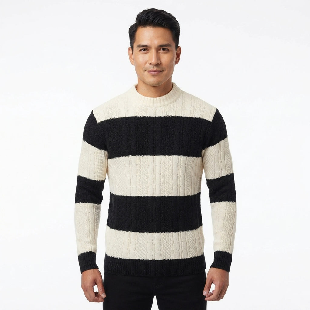 Mens Patchwork Mock Neck Striped Knit Sweater