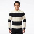 Mens Patchwork Mock Neck Striped Knit Sweater