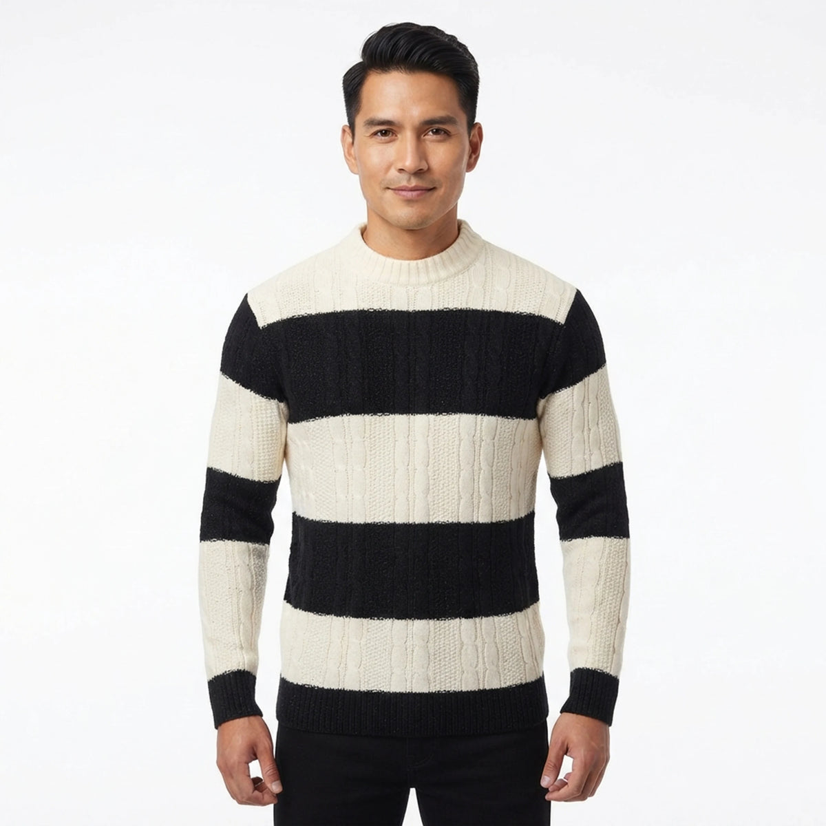 Mens Patchwork Mock Neck Striped Knit Sweater