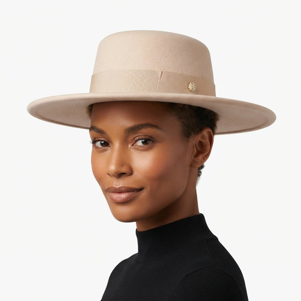 French Style Flat Top Felt Fedora Hat with 10CM Wide Brim