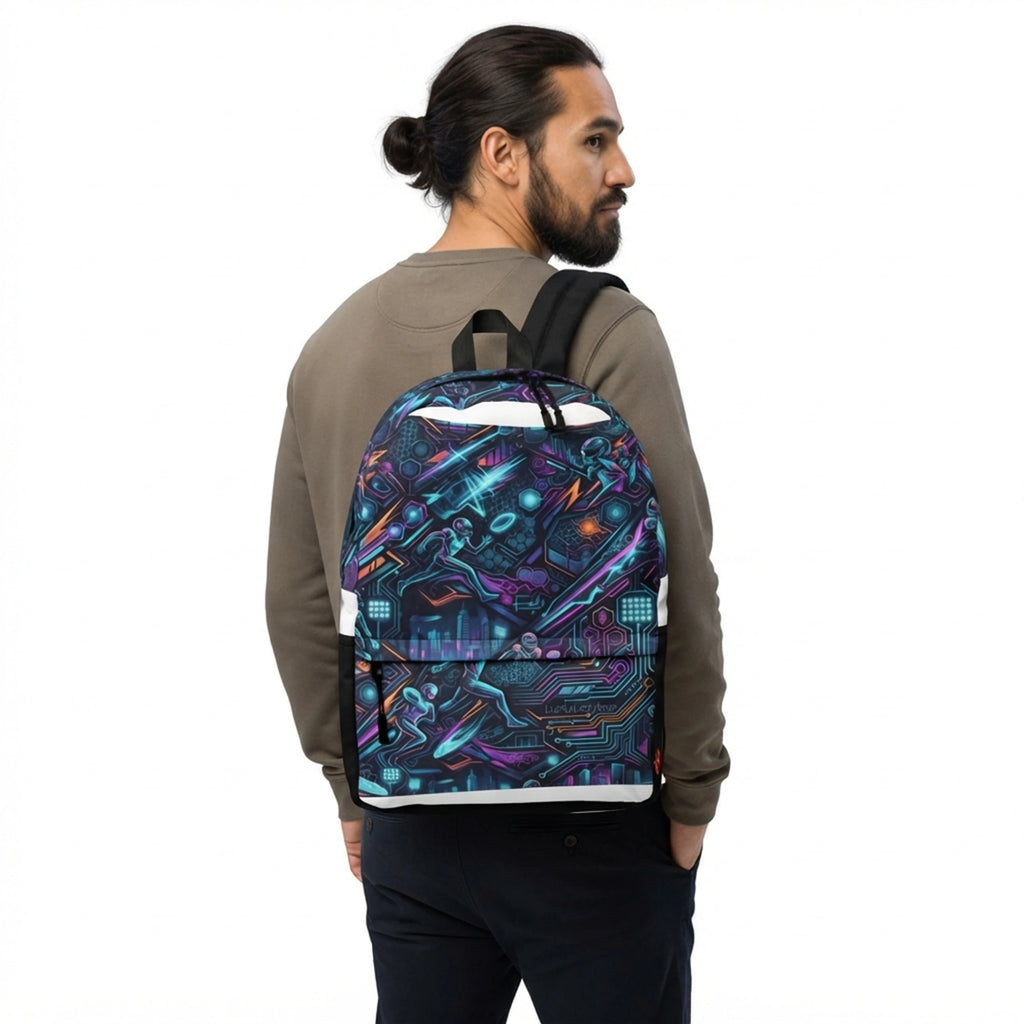 A man wearing a brown sweatshirt and dark pants is shown from the back, wearing a backpack with a vibrant, colorful futuristic graphic print featuring neon lights, circuit boards, and stylized characters.