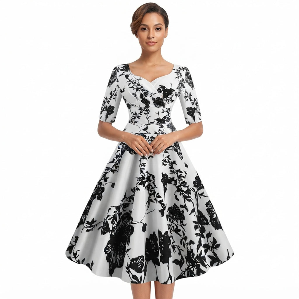 Womens Black Floral Print Vintage A - Line Summer Dress